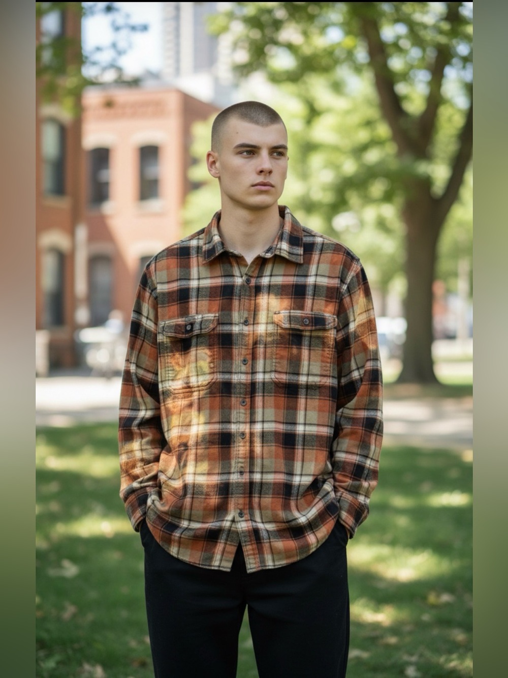Men's 2X Bleached Flannel Shirt Orange Grunge Streetwear Skater Cyberpunk Boho